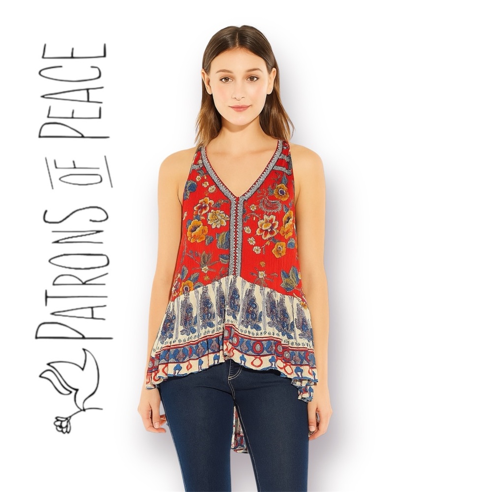 Patrons of Peace BOHO Sleeveless Ruffle Hem Peplum Mixed Floral Top - Picture 6 of 6